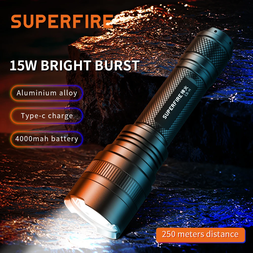 

SuperFire C8-H 15W High Power flashlight Waterproof LED Torch USB Charge Camping 18650/26650 battery Outdoor Camping Lantern