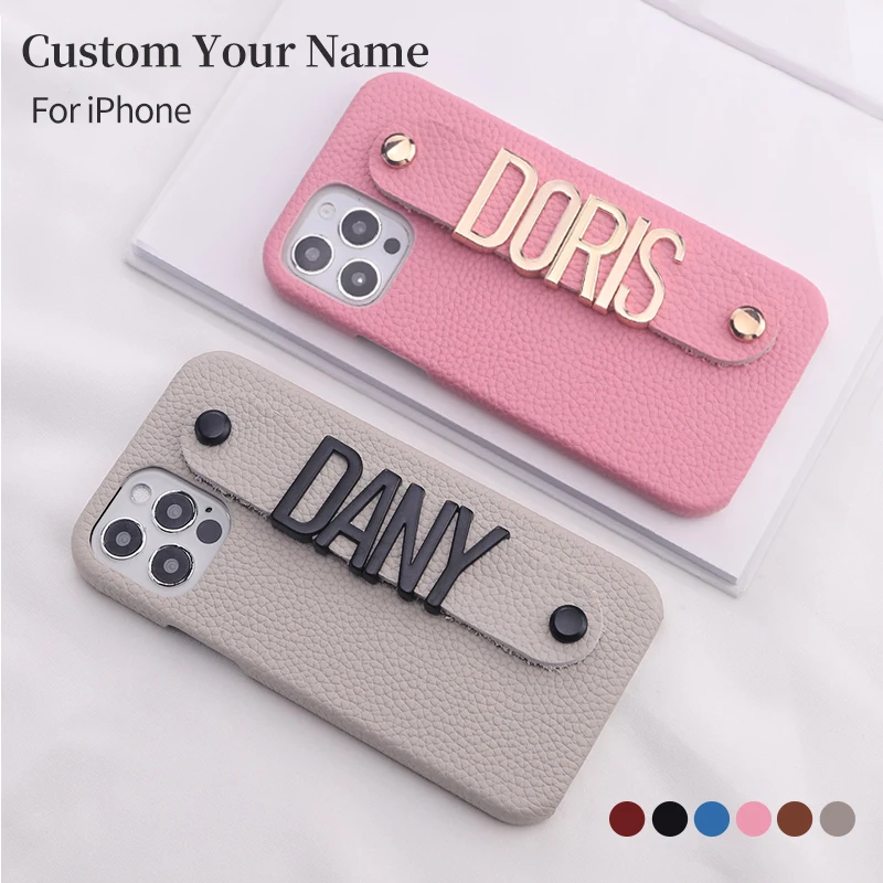 

Чехол из натуральной воловьей кожи с именем под заказ золотистый/черный большой металлический телефон с надписью Женский Для iPhone15 14 14ProMax 14Plus 13Promax 13 12 Coque