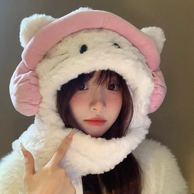 Корейские шапки с кошачьими наушниками зимние женские теплые шарфом и ушками для