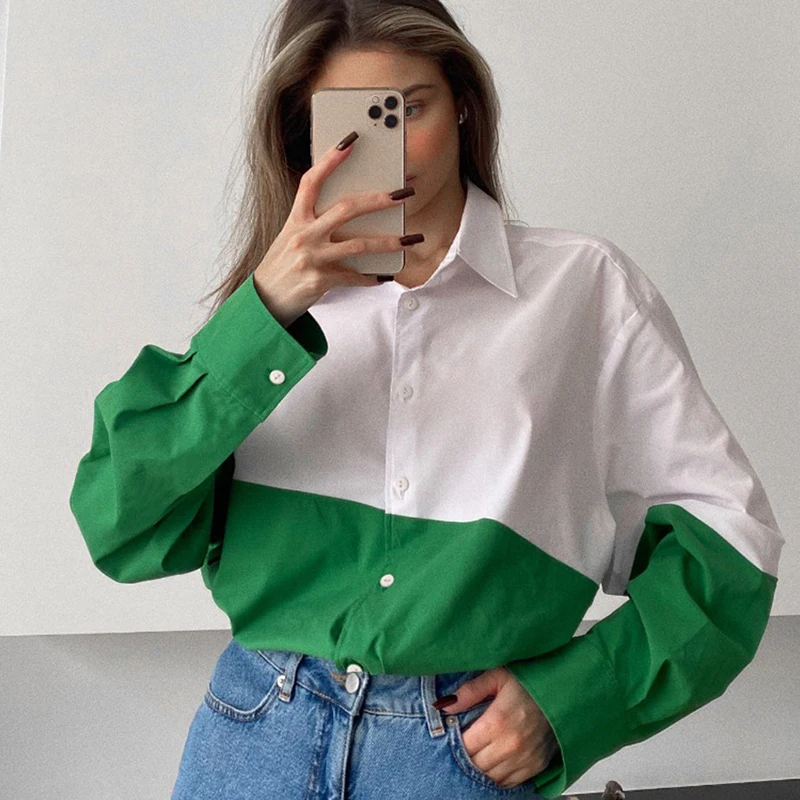 

Green Patchwork Blouse Spring Women Fashion Turn-down Collar Long Sleeve Button Shirt Women Casual Baggy Blouse Office Wear Tops