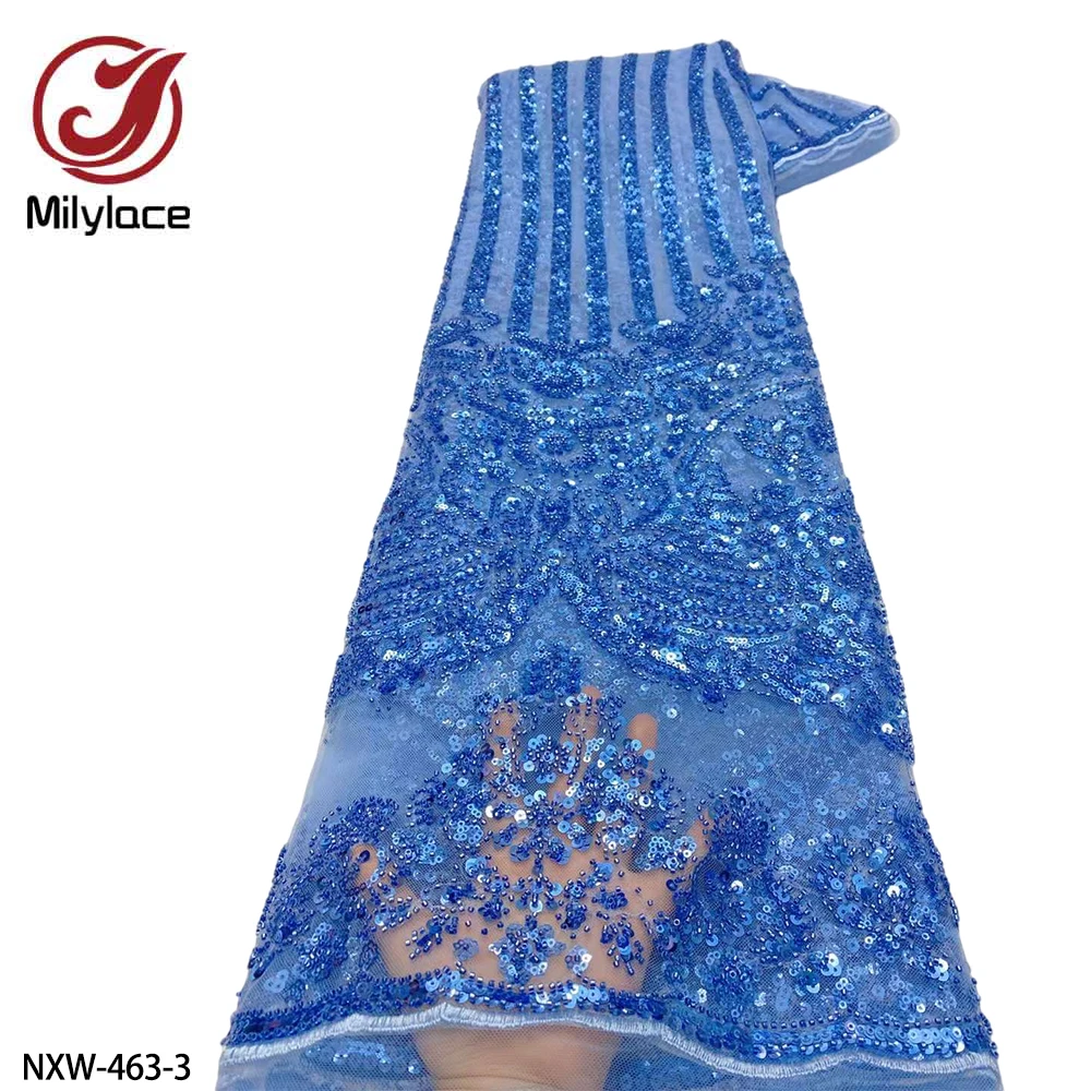 

Luxury Handmade Heavy Beads Lace Fabric with Sequins Latest Nigeria Embroidery Lace Tulle Fabric for Wedding Dress NXW-463