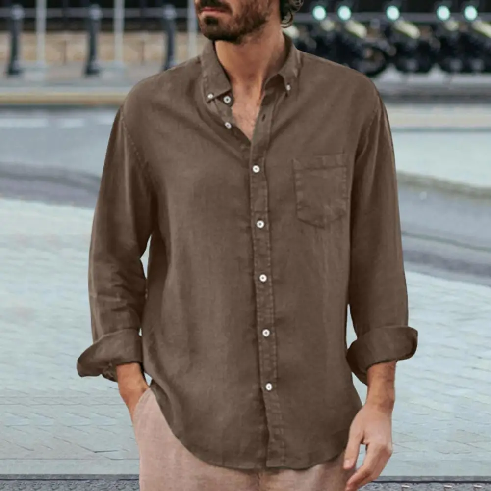 

Male Shirt Solid Color Skin-touch Dressing Relaxed Fit Curved Bottom Shirt Men Top for Outdoor