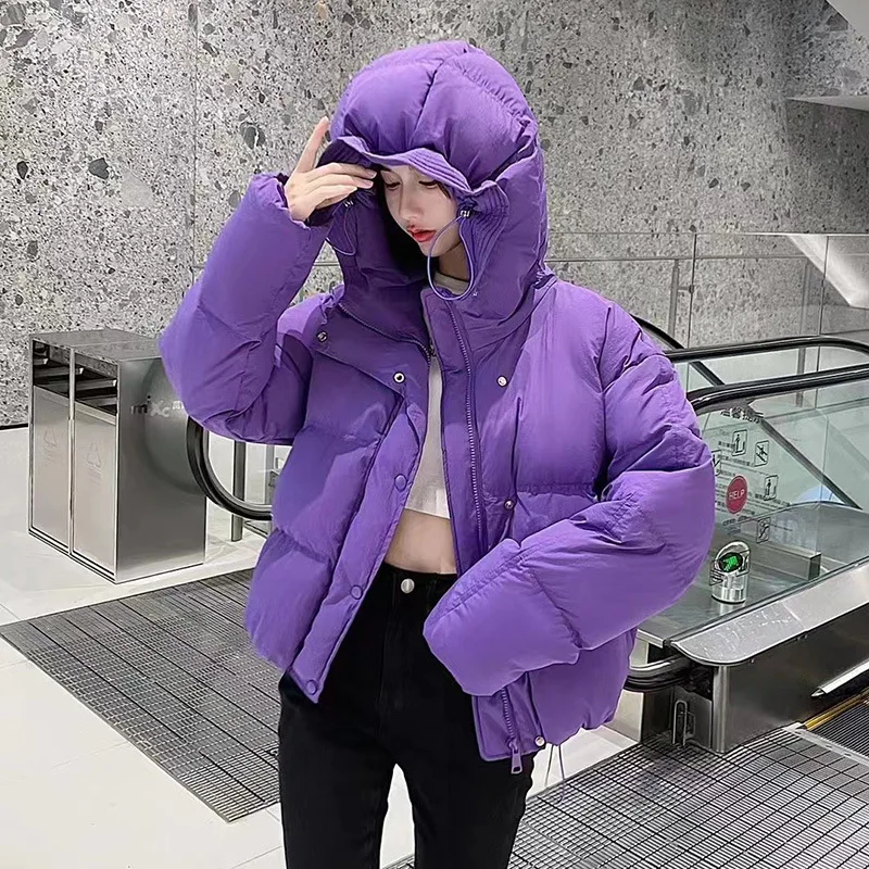Down Jacket Women's Winter Solid Colour Flower Bud Hat Thickening Warm White Duck Down Hooded Cotton Jacket Hundred with Jacket