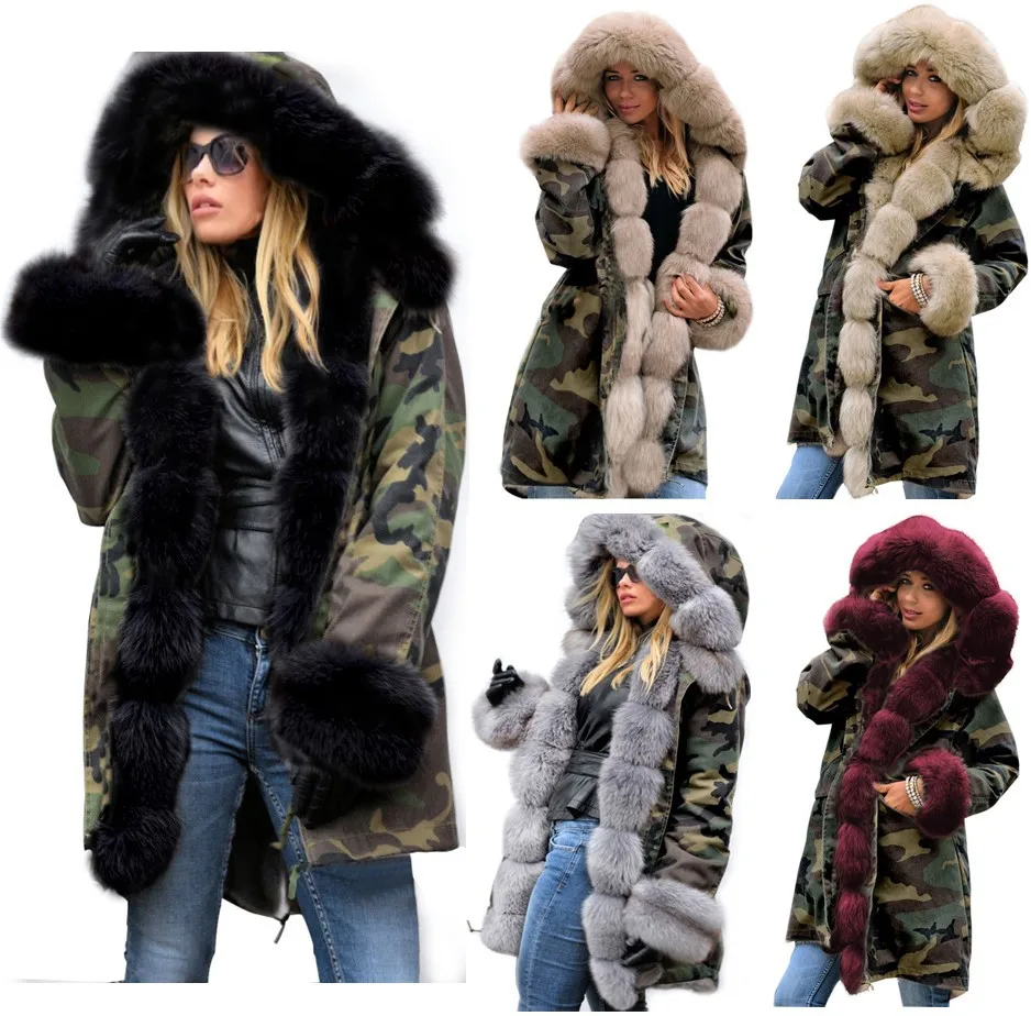 

2023 Autumn/Winter New Slim Fit Warm Cotton Coat Women's Camo Coat Long Wool Collar Hooded Coat Cotton Coat