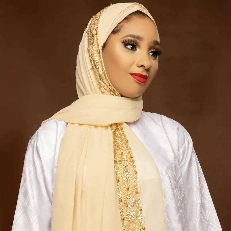 

70*180cm Muslim Women Chiffon Hijab Scarf Beading Lace Turban Scarves Foulard Femme Musulman Islamic Plain Shawls Head Wraps