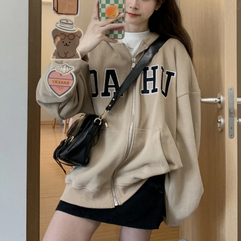 

Толстовка женская оверсайз с капюшоном, Модный свитшот в Корейском стиле с надписью, Харадзюку, на молнии, Повседневная винтажная уличная одежда, Y2k