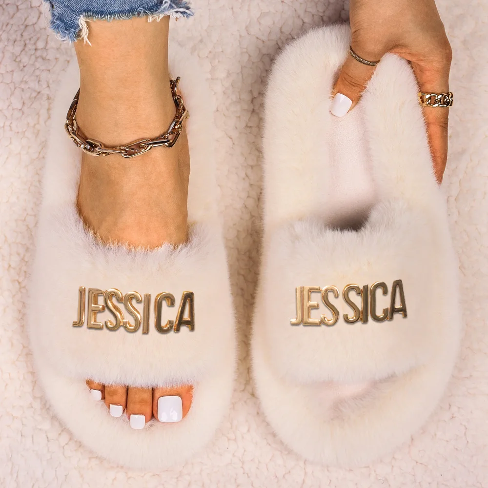 Women's Slippers Fluffy Flip Flops Furry Slides Slippers Alloy Letter JESSICA Decor Hollow Flat Faux Fur Sandals Decor Platform