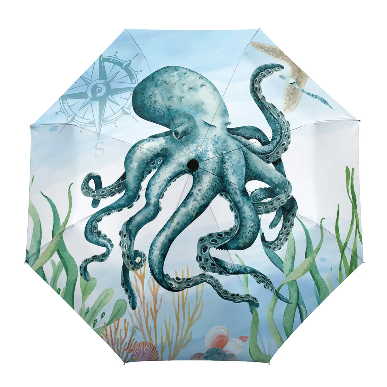 

Ocean Coast Octopus Starfish Shell Rain Umbrella Folding Sun Umbrella Outdoor Sunscreen Anti-UV Parasol Female Male Umbrellas