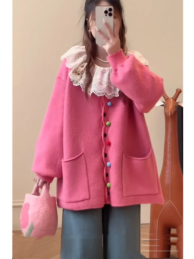 Мягкий клейкий сладкий розовый свитер Верхняя одежда Весна и осень Свободный