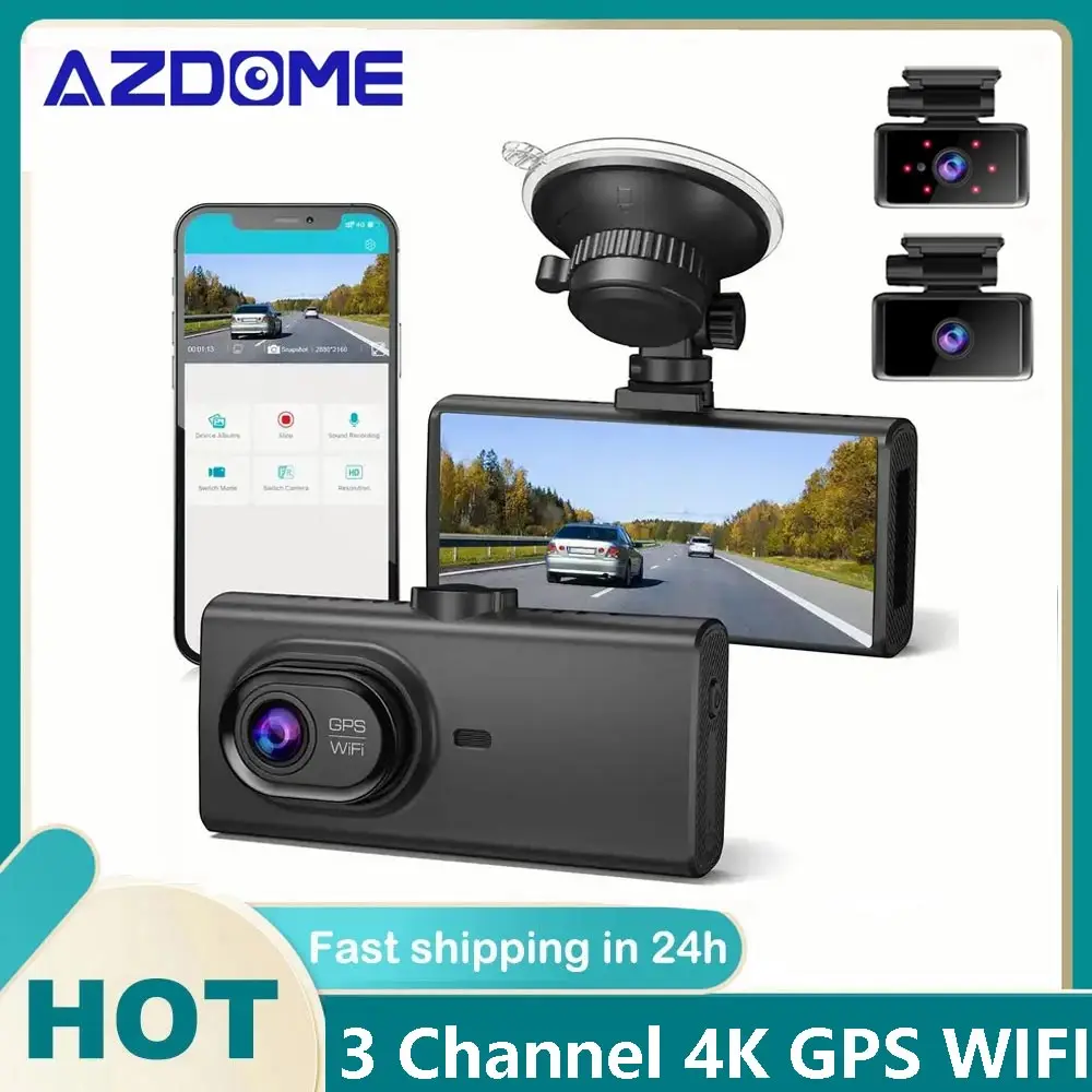 

AZDOME M560 4K 3 Channel Dash Cam 4” IPS Touch Screen Built in 64GB/128GB eMMC Storage Built-In GPS Wi-Fi 1080P Front Cabin Rear