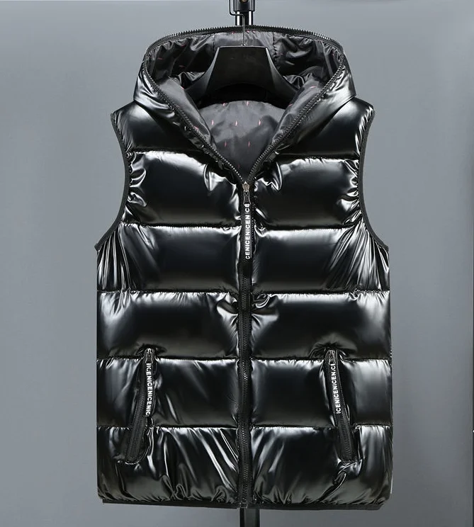 

Size 5XL 6XL 2022 New Winter Men Bright Vest Hooded Warm Thicken Waistcoat Cotton-Padded Solid Color Waterproof Male Streetwear