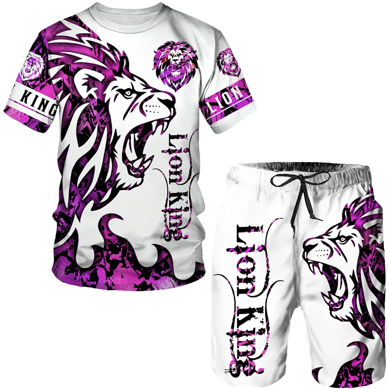 Summer Men's Animal Tattoo White Short Sleeve T-Shirt The Lion 3D Printed O-Neck Tees&Shorts Suit Casual Sportwear Tracksuit Set