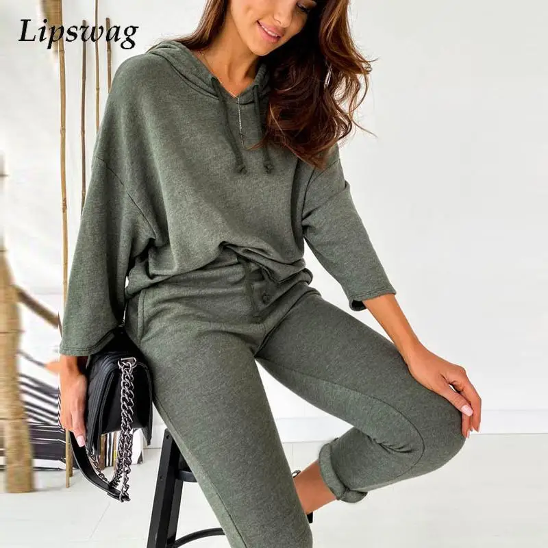 

2022 Autumn Casual Solid 2pc Suits Women New Fashion Long Sleeve Hooded Pullover & Trousers Outfits Lady Sexy Sportswear Street