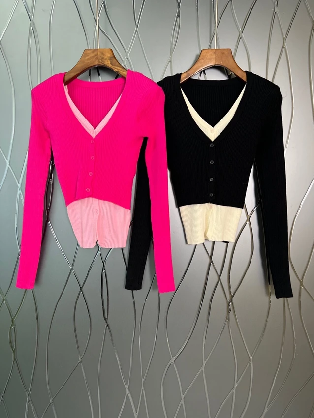 

2022 new women fashion long sleeve sexy casual V neck fake two piece knitted cardigan 1206