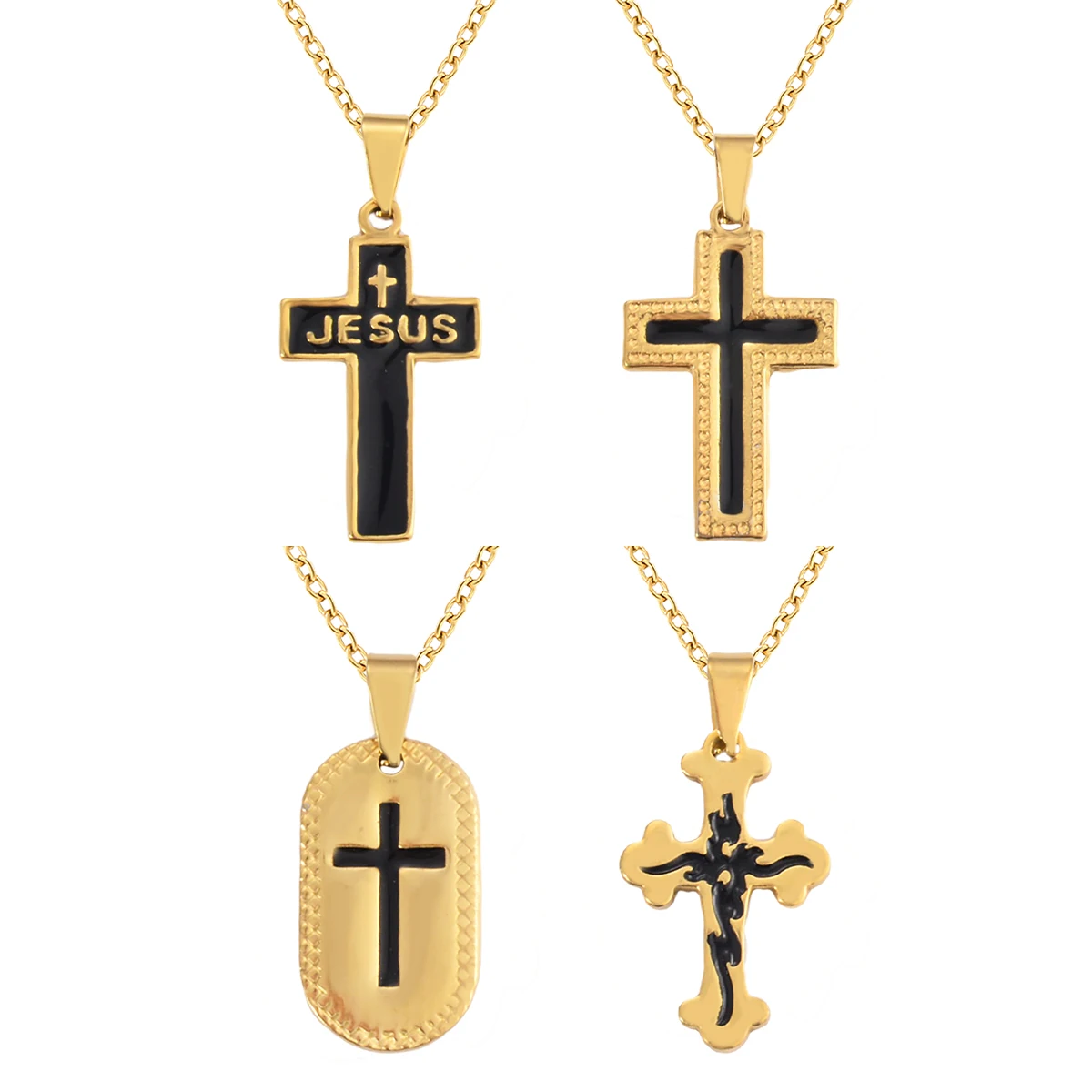 

Stainless Steel Gold Color Chain Black Cross Pendant Bible Pray Men Women Jewelry Gift