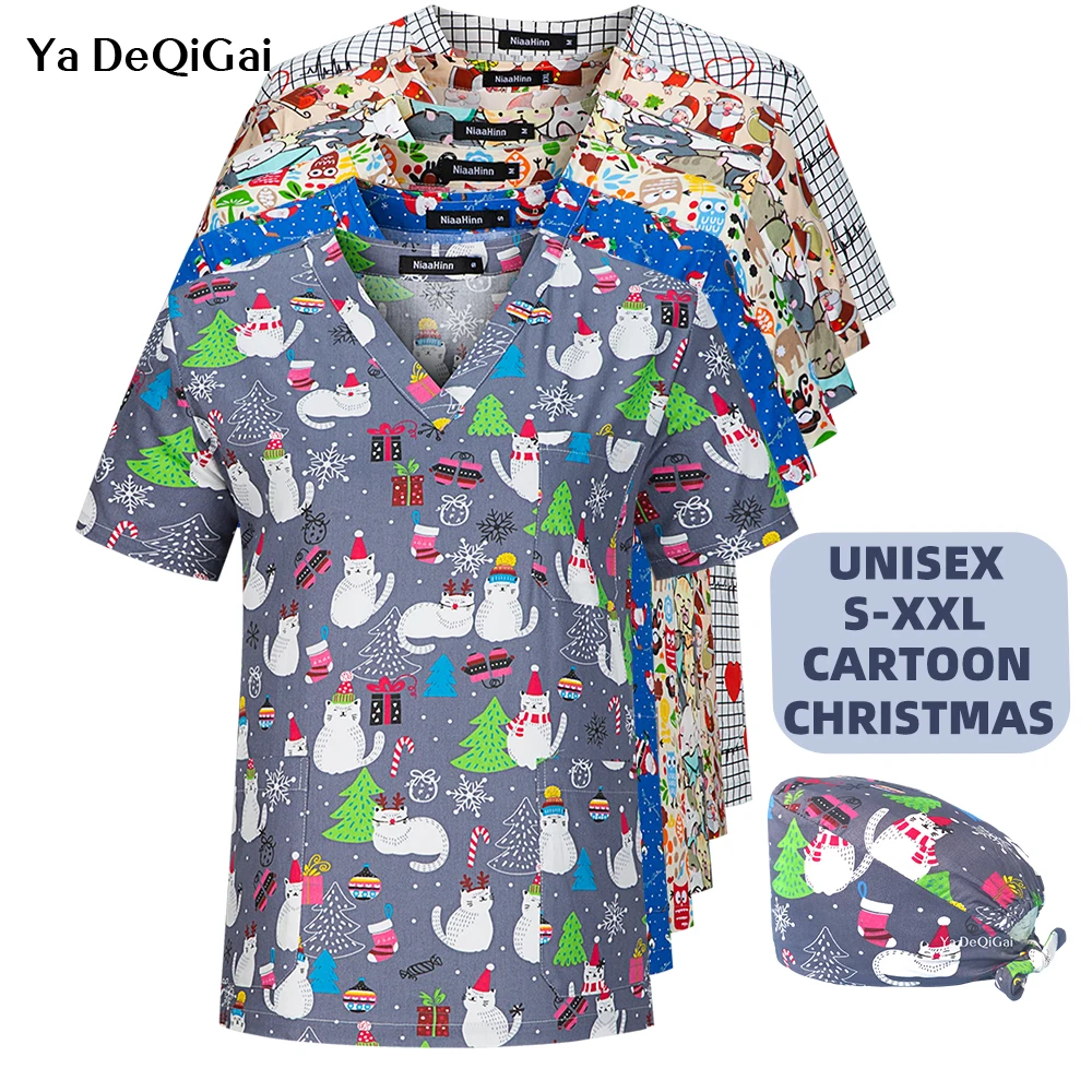 

Рождественская униформа медсестры скрабы Топы Женская Мужская мультяшная блузка с коротким рукавом карманы футболка красивые комбинезоны топы для медсестры