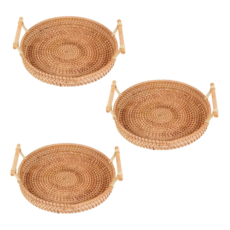 

3X Rattan Bread Basket Round Woven Tea Tray With Handles For Serving Dinner Parties Coffee Breakfast (8.7 Inches)