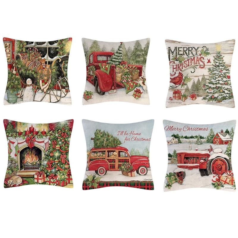 

New Christmas Farmhouse Linen Throw Pillow Case Vintage Cartoon Xmas Vintage Scene Patterns Holiday Decorative Cushion Cover for