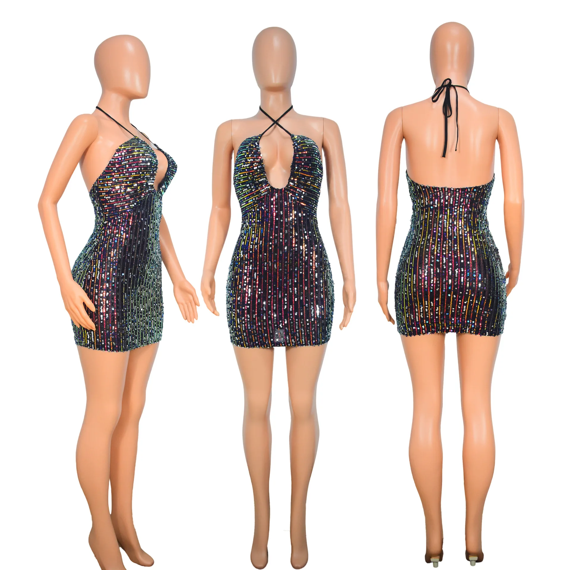 Women'S Suspenders Backless Lace Sequins Tight Wrap Buttocks Evening Dress Sexy Wrap Chest Dress