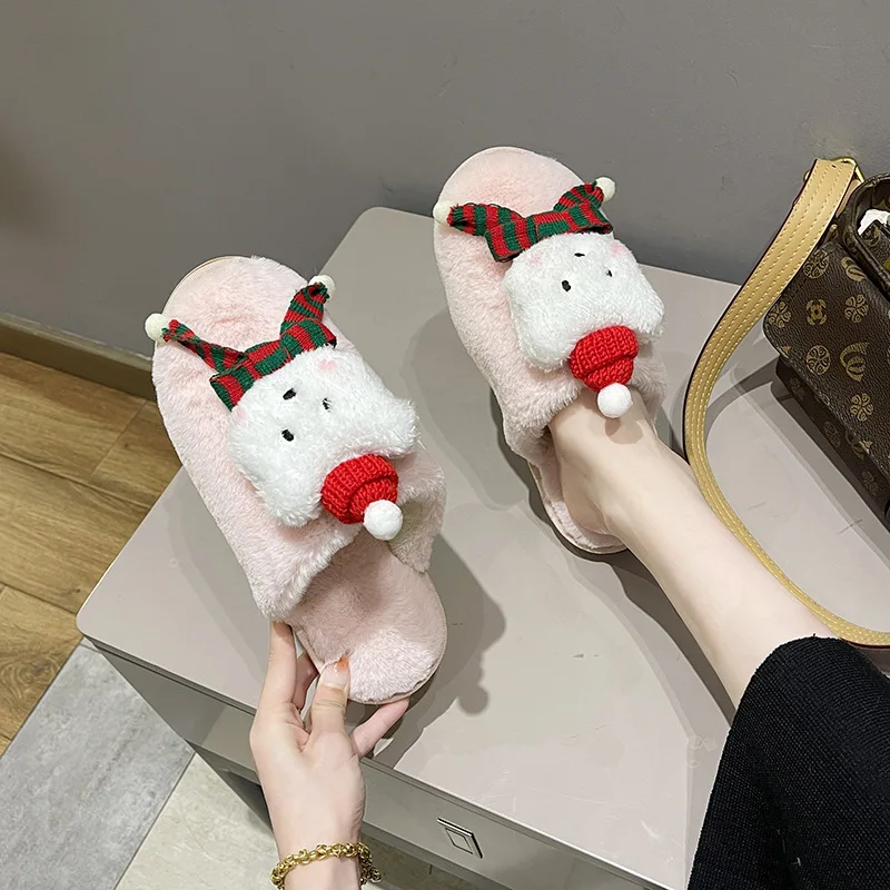 Slippers Women  Autumn and Winter Christmas Plush Slippers Female Cartoon Bear Baotou Home Cotton Slippers