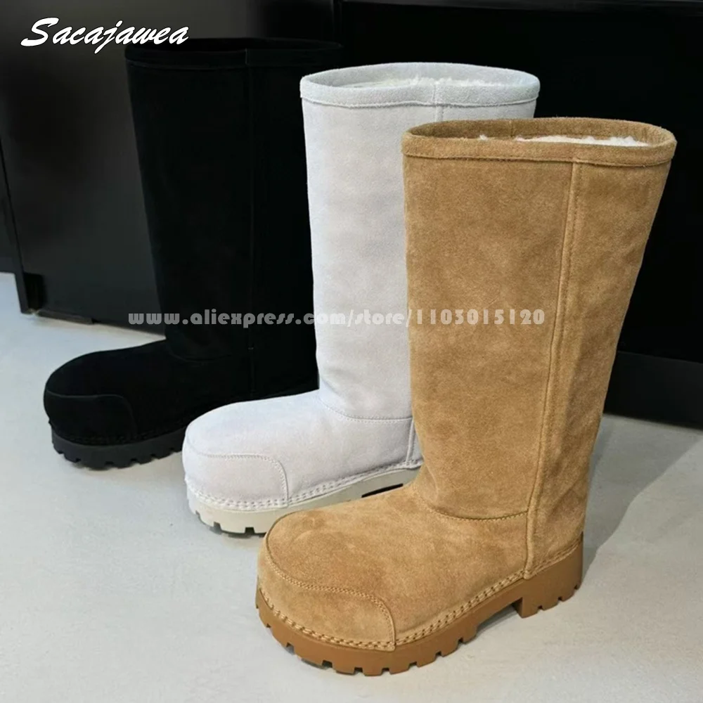 Коровья замша овечьи плюшевые однотонные женские зимние ботинки с круглым