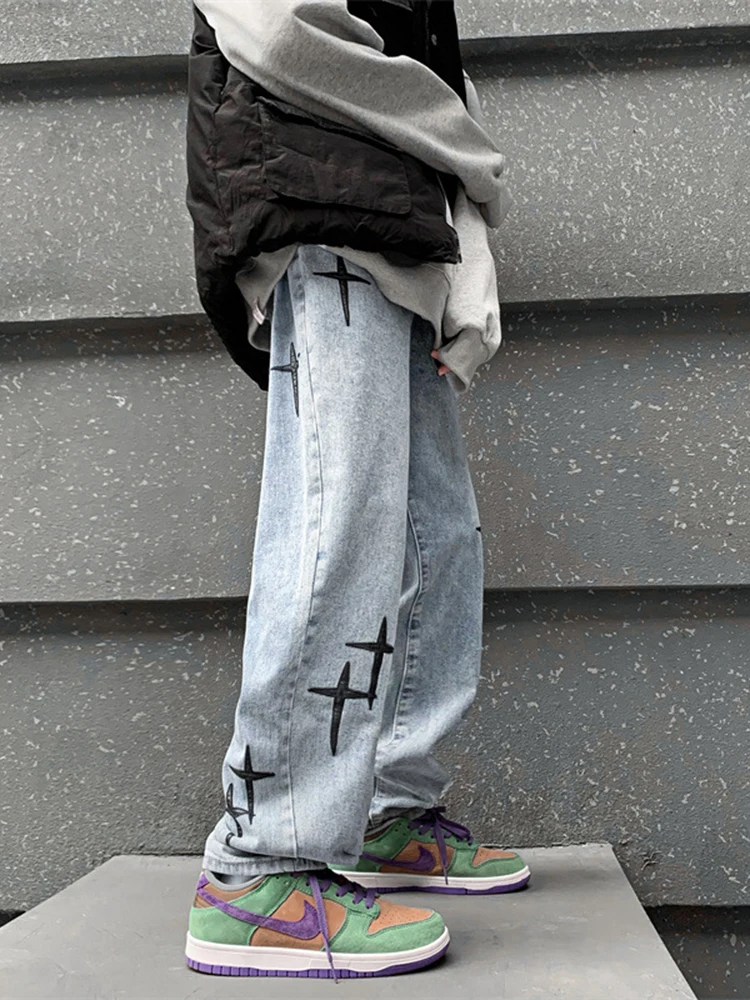 Embroidered Jeans Men Straight Loose Wide-leg Pants Spring and Autumn Korean Fashion High Street Hip Hop Style Male Trousers