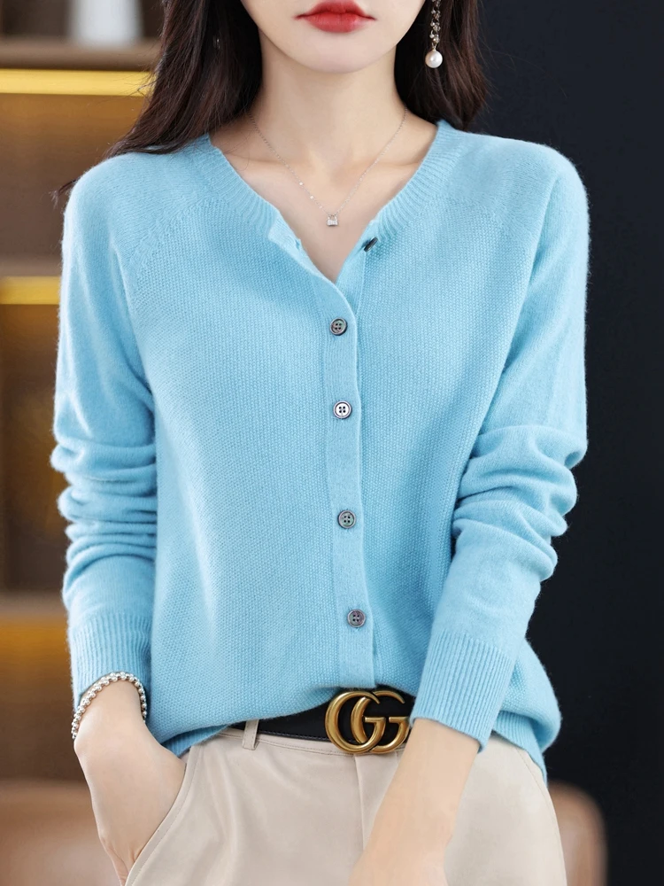 Женский модный кардиган из мериносовой шерсти свитер с круглым вырезом и длинным