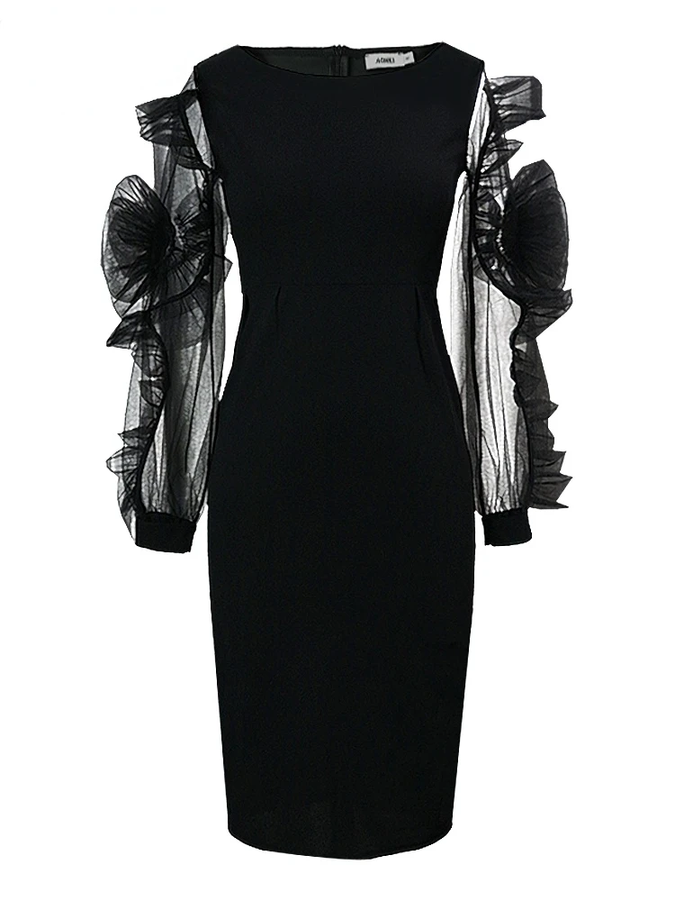

Black Bodycon Dress Mesh Flora Long Sleeves Plus Size Sexy Elegant Tight Dress Women Vestidos Verano 2022 Party Office Occasions