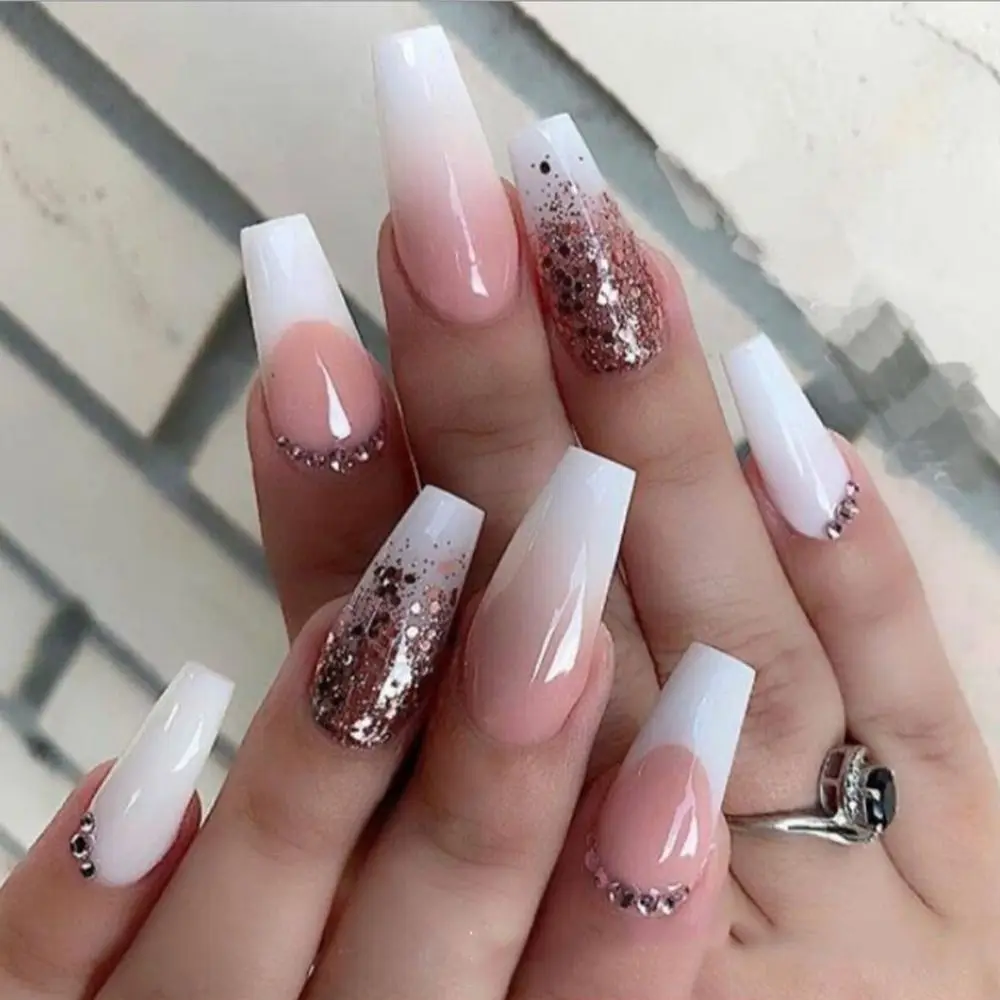 

Long Ballerina Fake Nail Artificial French Shining diamond False Nails DIY Full Cover Finger Tips Manicure Tools Press on Nails