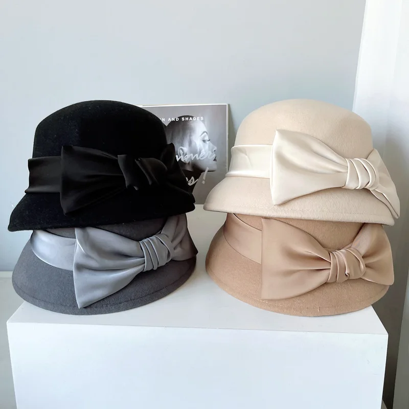 

Высококачественная австралийская шерстяная фетровая шляпа, модная шляпа в стиле Хепберн с большим бантом, атласная Рыбацкая шляпа, универс...