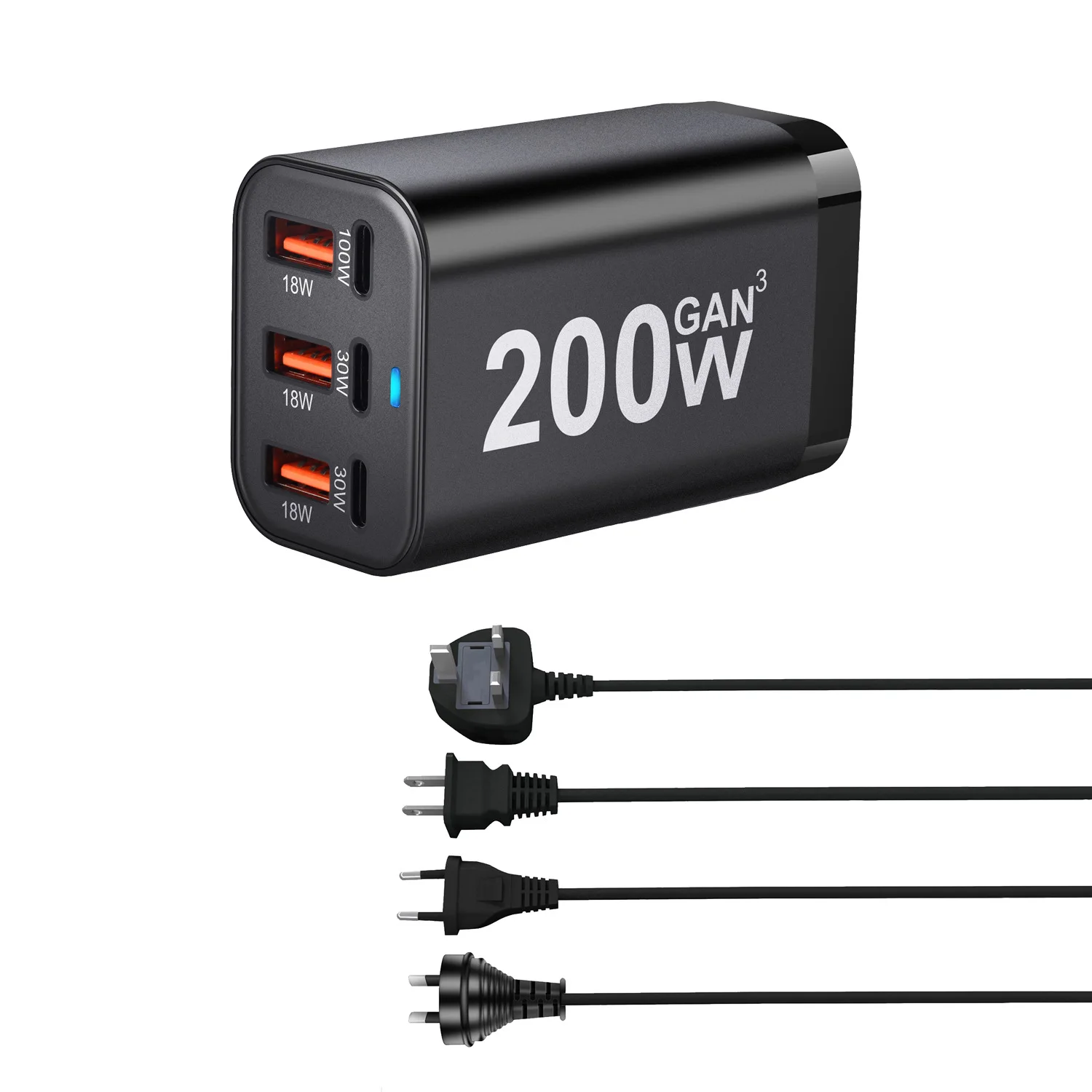 Фото Быстрое зарядное устройство GaN 200W с 6 портами, USB Type-C PD 100W, QC4.0/3.0, адаптер питания для Samsung, ноутбуков и iPhone. №1