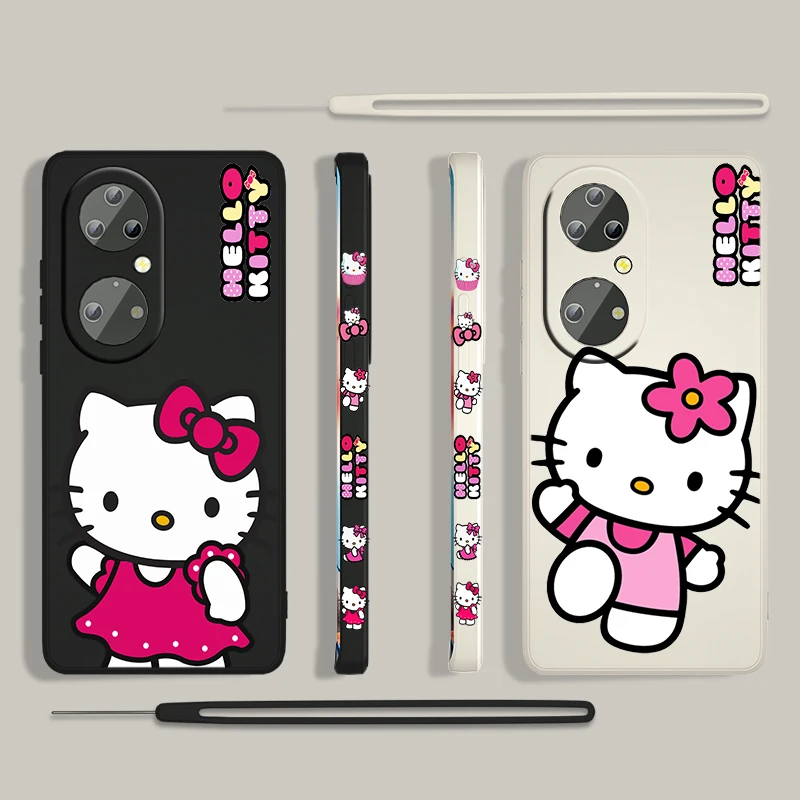 Gift Hello Kitty Girl Cute For Huawei P50 P40 P30 P20 P Smart Z Pro Plus 2019 2021 Liquid Left Rope Silicone Phone Case Fundas