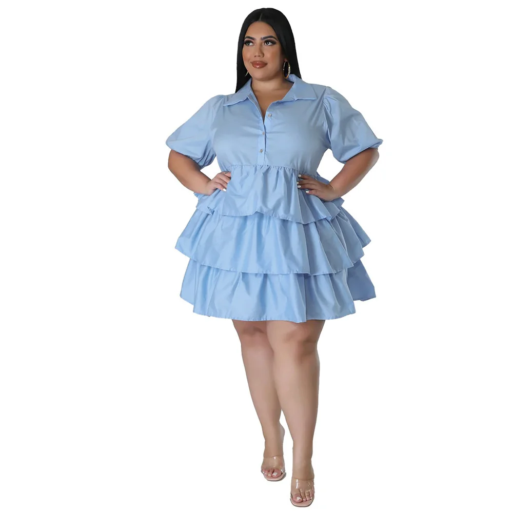 Plus Size Summer Women Casual Cake Dress Short Sleeves Turn Down Neck Ruffles Fashion Party Dress Loose Style 3xl 4xl 5xl 6xl