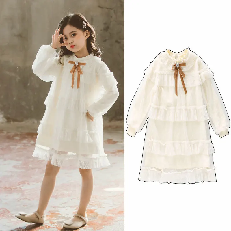 

Fashion Girls Long Sleeve Dresses 2022 Spring Lace Cute Princess Dresses for Girls Patchwork Baby Girls Layered Dresses A259