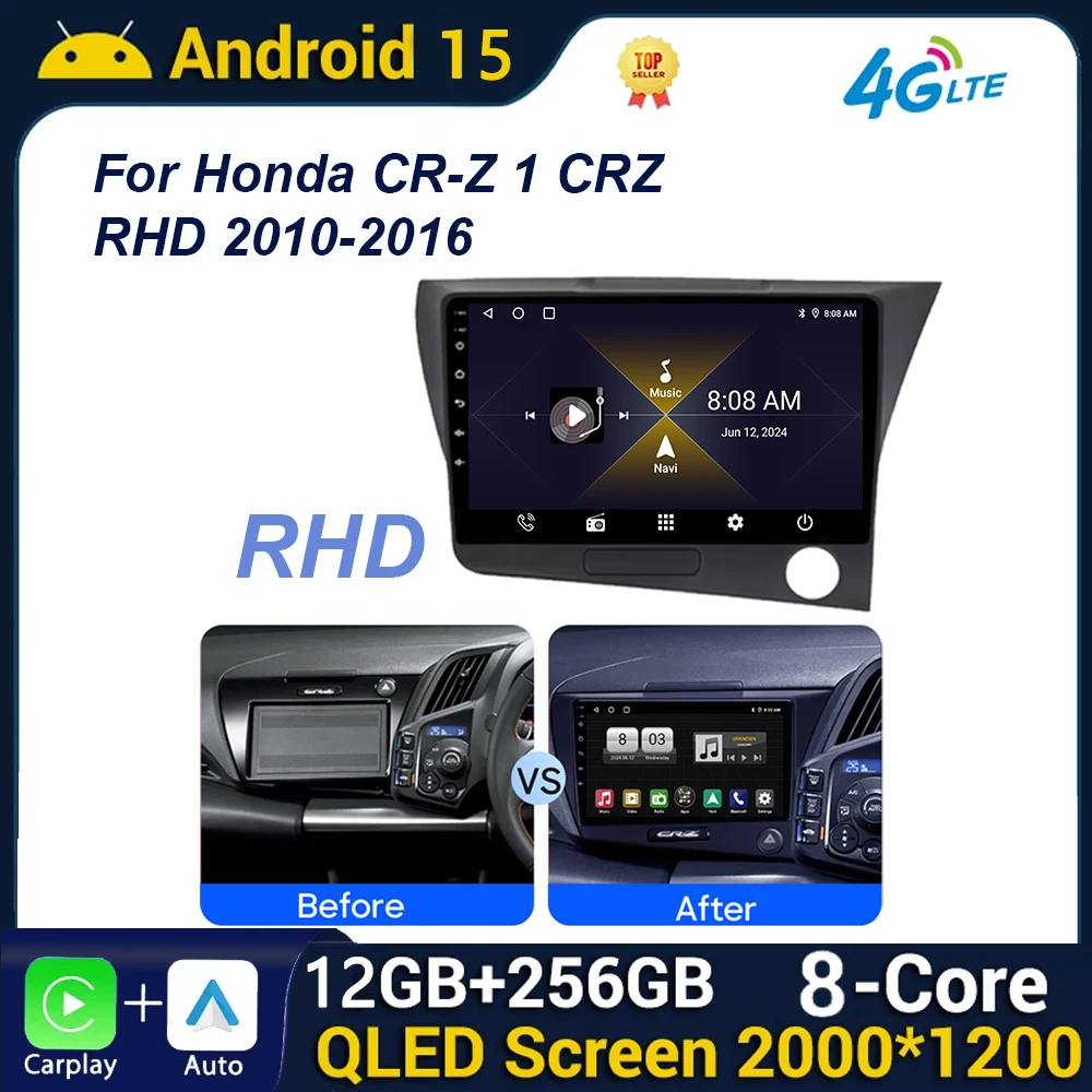 Фото Автомобильный радиоприемник Android 15 для Honda CR-Z 1 CRZ RHD 2010-2016, мультимедийный видеоплеер, беспроводной BT Carplay, автоматический навигационный экран, GPS №1