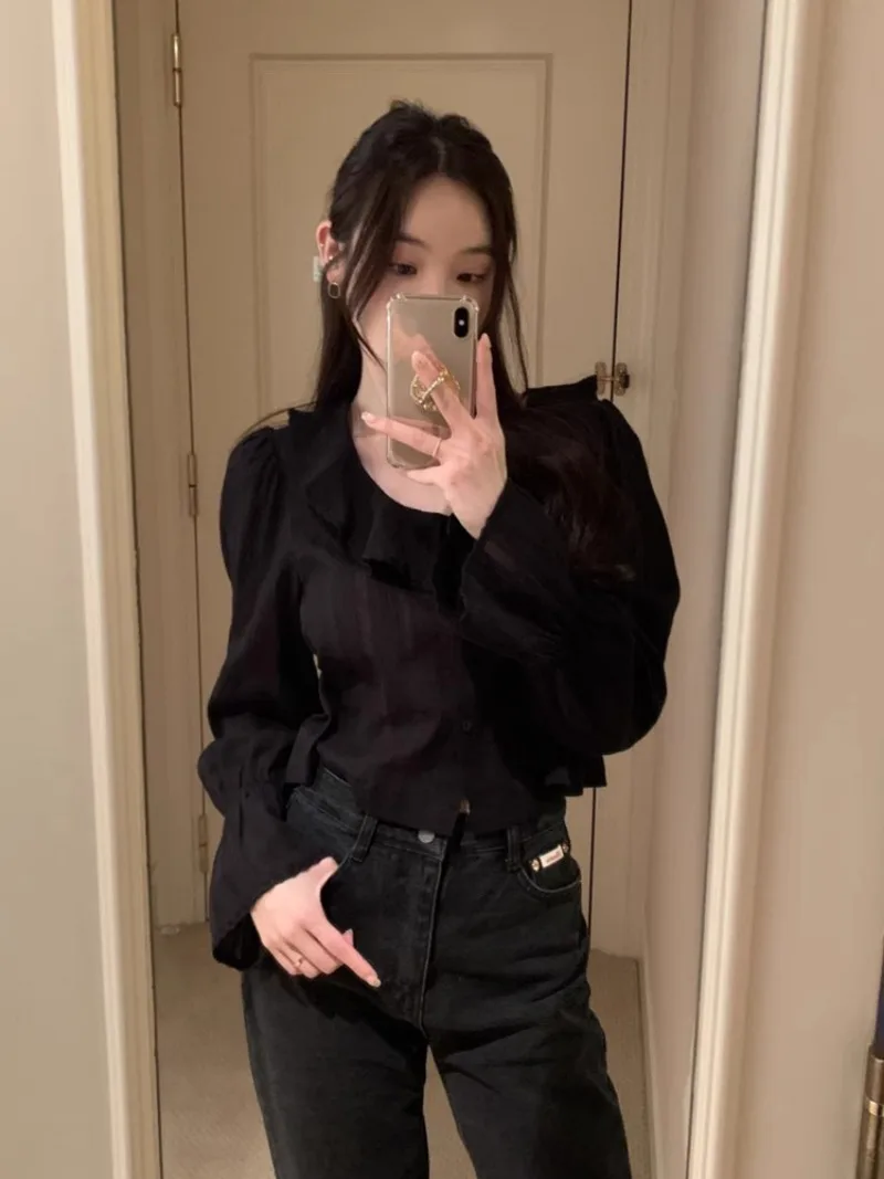 Женские рубашки с милыми оборками блузки расклешенными длинными рукавами Blusas Mujer