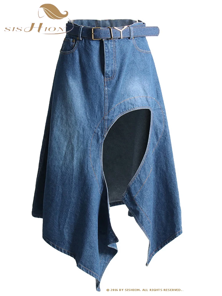 

SISHION Spring Summer New Arrival Streetwear Denim Skirt VD3673 Irregular Curved Design Women Midi Skirts with Belt