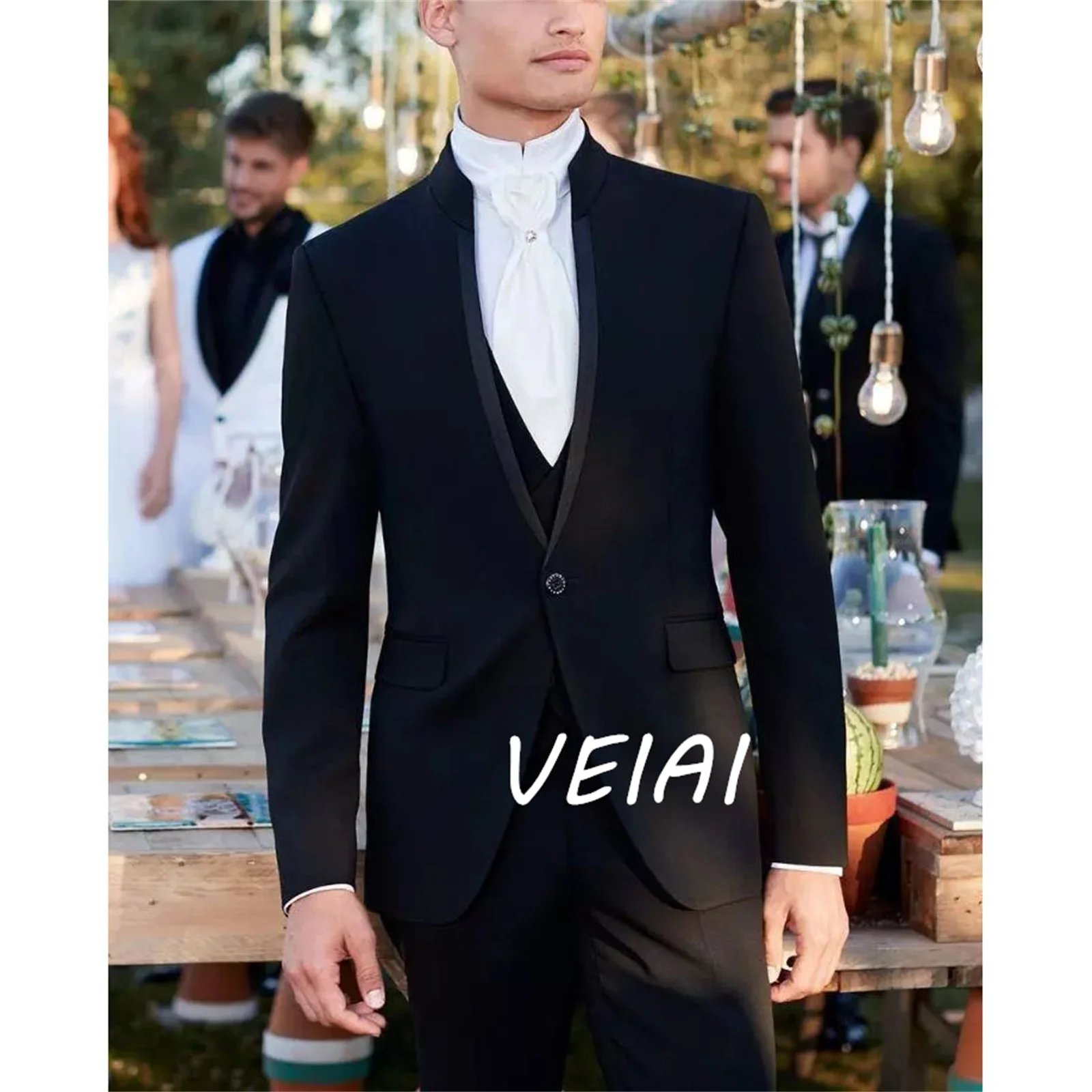 Regular Blazer Terno Costume Men's Suits Single Breasted Black Stand Lapel Alim Fit Three Piece Jacket Pants Vest Luxury Wedding