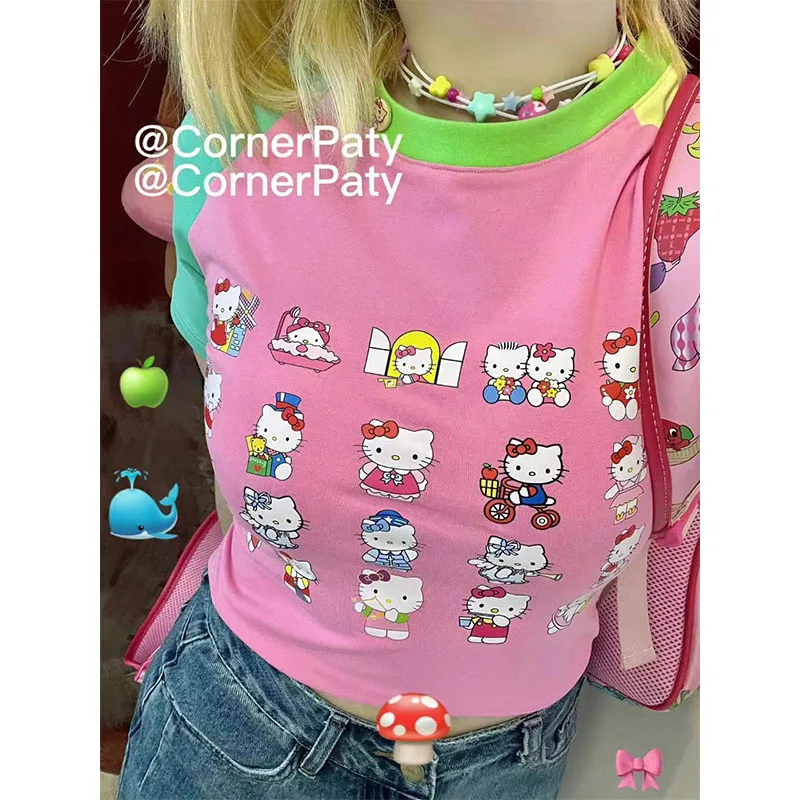 

Sanrio Kawali Hellokitty Y2K футболка с коротким рукавом из чистого хлопка мягкая удобная Милая Аниме подарок другу на день рождения игрушки для девочек