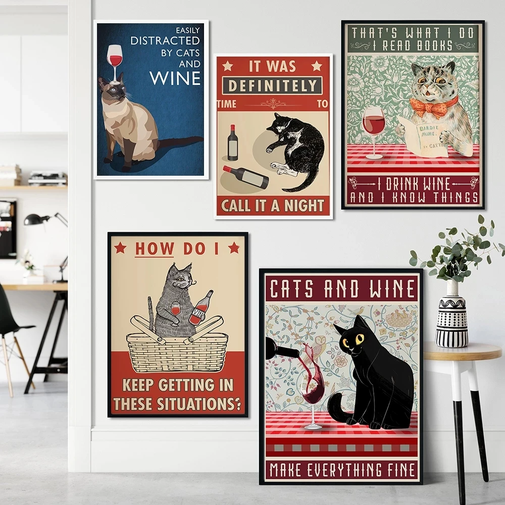 

Vintage Abstract Style Cat Drinking Wine Canvas Painting Animal Quote Posters And Prints Wall Pictures For Living Room Decor