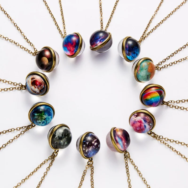 

1PC Vintage Colorful Galaxy Universe Round Pendant Necklace Glow in the Dark Glass Ball Metal Chain Choker Fashion Jewelry Gift