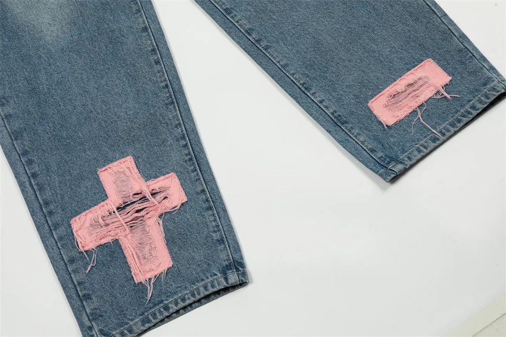 2023 Mens Straight Jean Pants Skeleton Embroidery Mopping Trousers High Streetwear Long Denim Jeans for Women Baggy Clothing