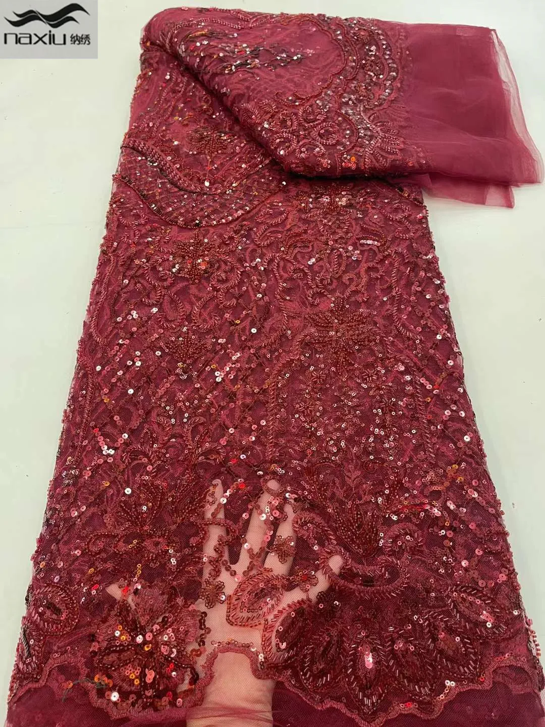 

Madison High Quality African Beaded Lace Fabric with Sequins 2022 Fashion Embroidered French Mesh Lace 5 Yards for Party