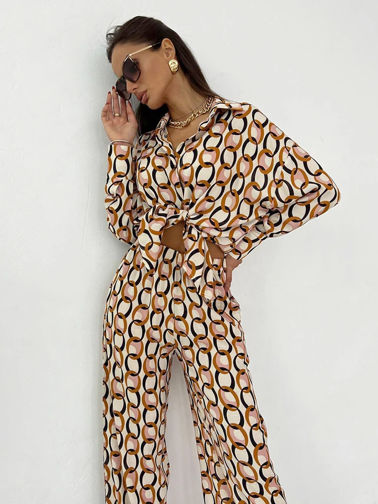 

Hiloc Fashion Pattern Print Sleepwear Lantern Long Sleeve Women's Pajamas Lapel High Waist Wide Leg Pants New In Matching Sets