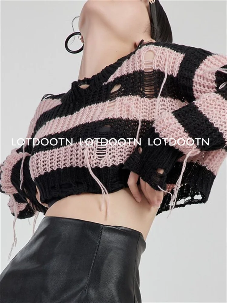 

LOTDOOTN Y2K Hollow Out Cropped Knit Smock Top Women Vintage Loose Pink Stripes Crochet Pullovers Crop Tops Fairy Grunge Sweater