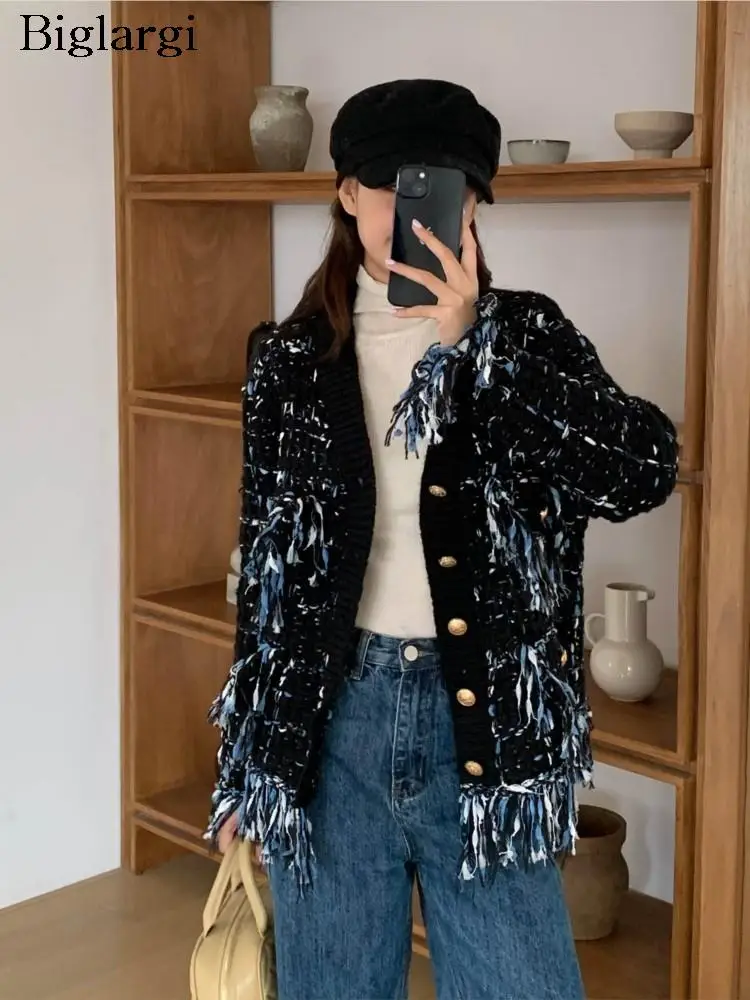 

Knitted Autumn Winter Cardigan Women Fringe Modis Print Korean Loose Ladies Cardigan V-Neck Long Sleeve Woman Sweater Coats 2023