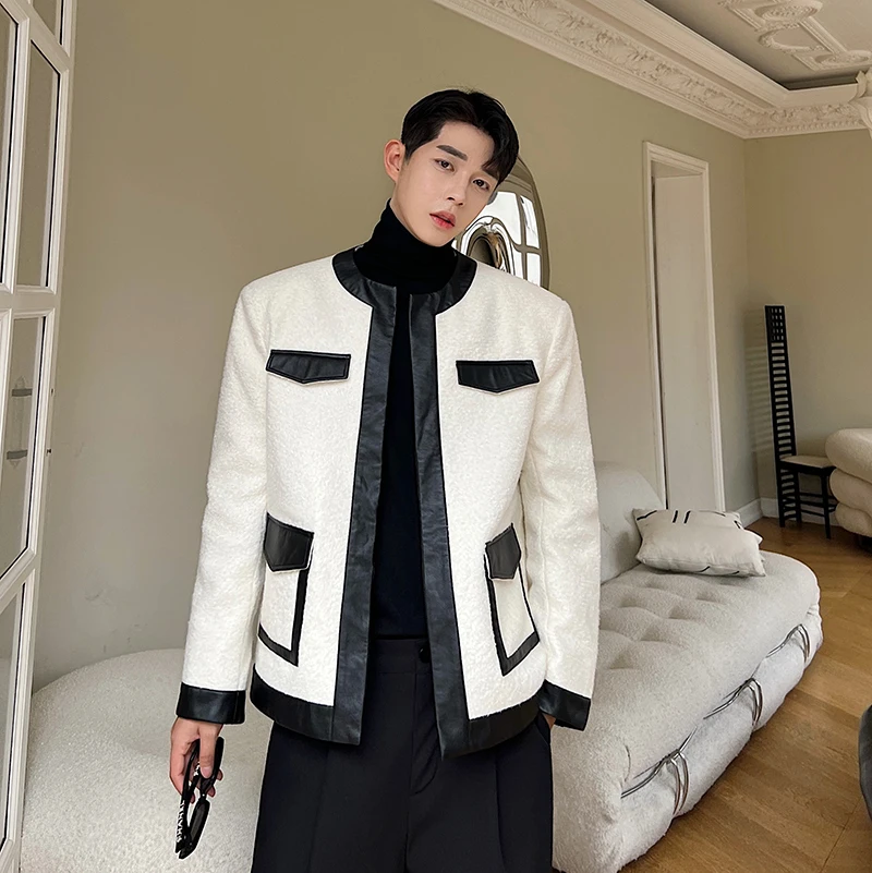 Autumn French Retro Patchwork Leather Coat Men Vintage Fashion Loose Casual Jacket Cardigan Male Korean Streetwear Coat