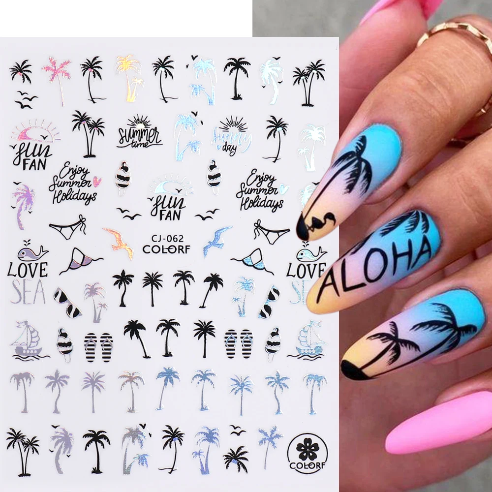 Coconut Tree Nail Sticker Holographic Palm Leaf Fruits Summer Sliders For Nails Mermaid Beach Sea Animal Decal Manicure GLCJ-062