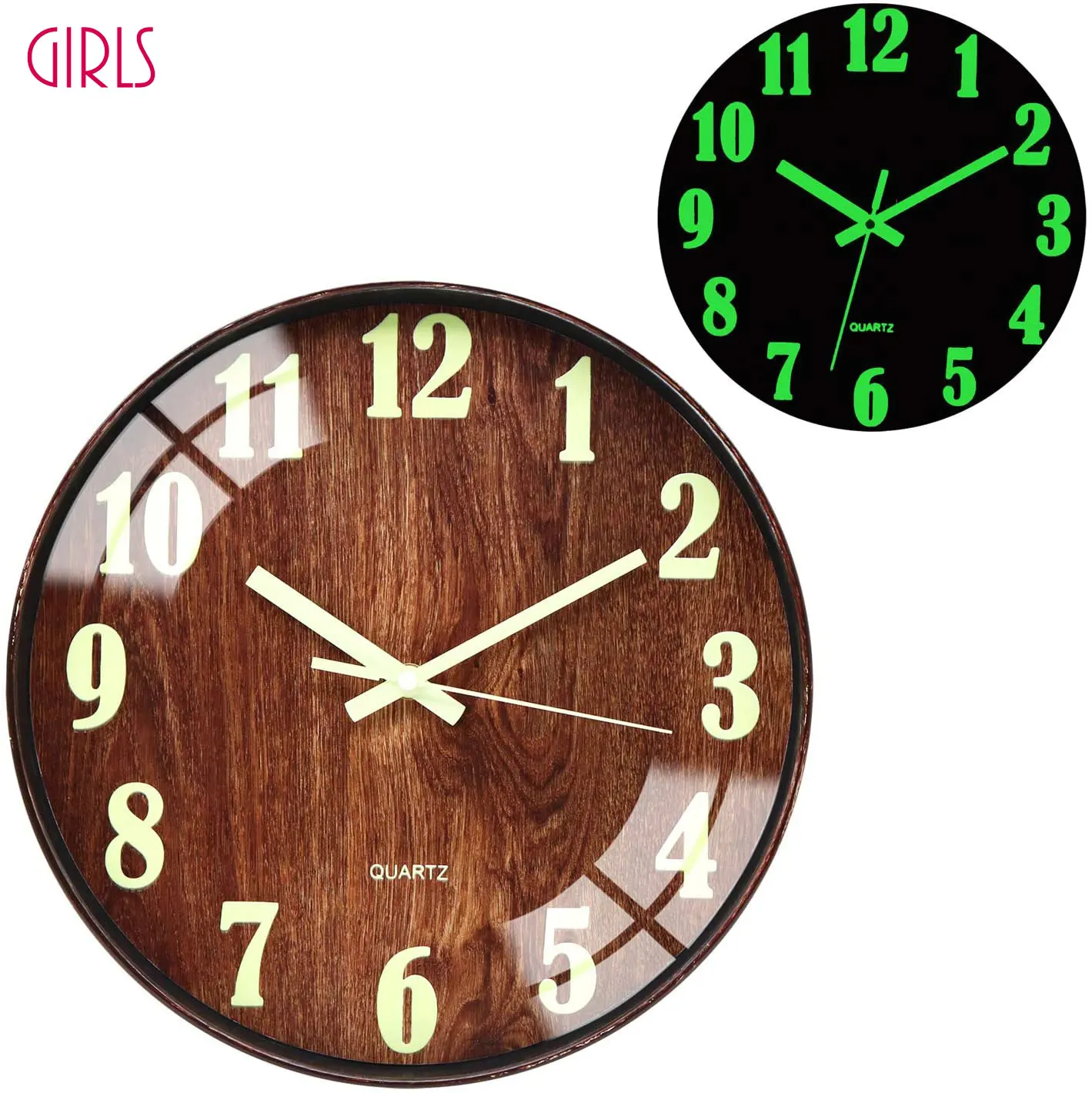 

Wall Clocks Night Light Function Wooden 12 Inch Non Ticking Silent Quartz Battery Operated Round Luminous wall clock