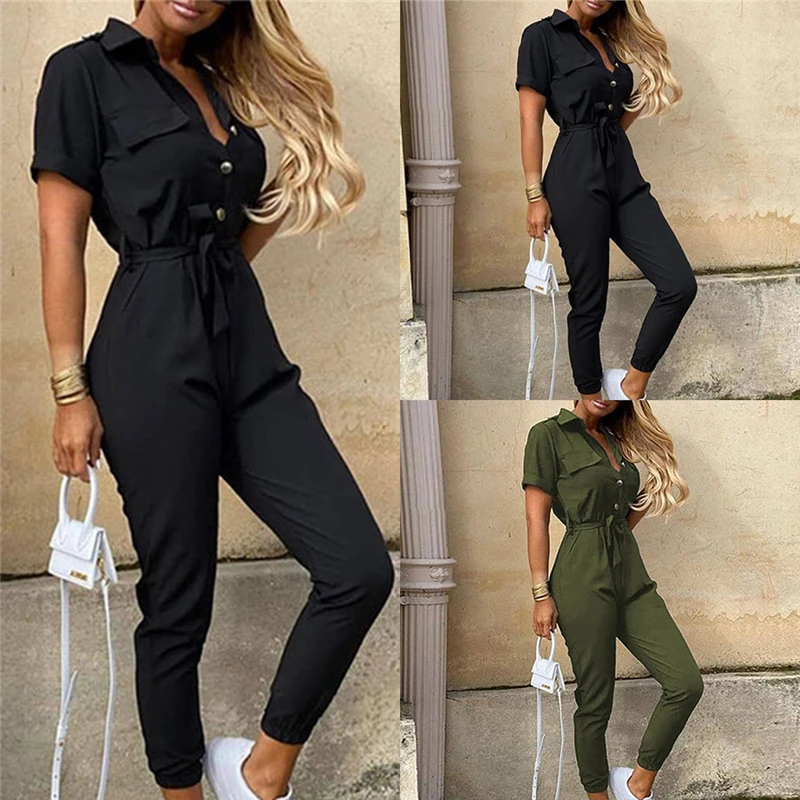 

Elegant Solid Jumpsuit Women Summer 2022 Deep V Neck Button Shirt Overalls Short Sleeve Office Lady One Piece Romper Belt